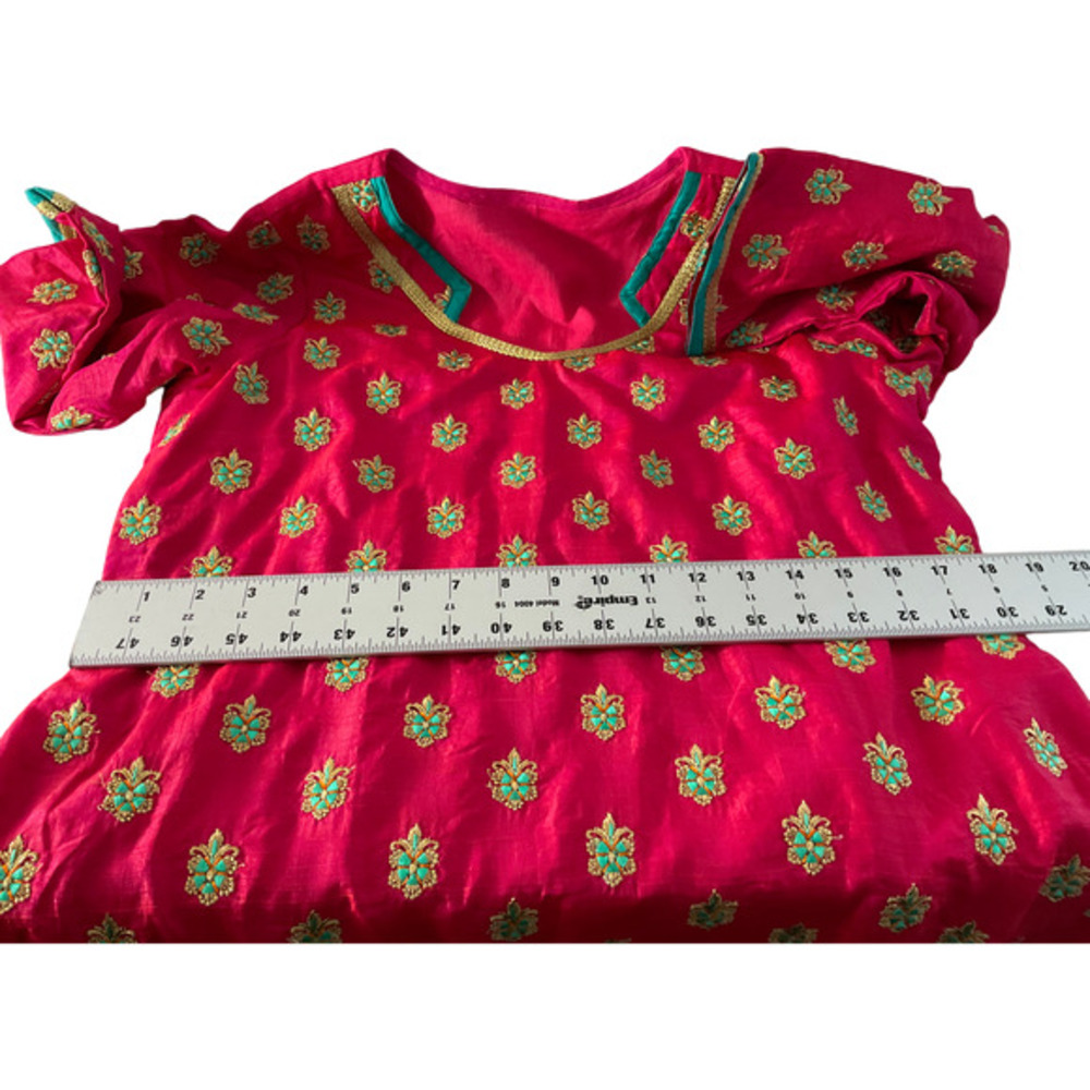 Pink Silk Blend Embroidered Kurta Tunic Teal Gold Floral Notched‎ V-Neck Festive - Picture 9 of 10